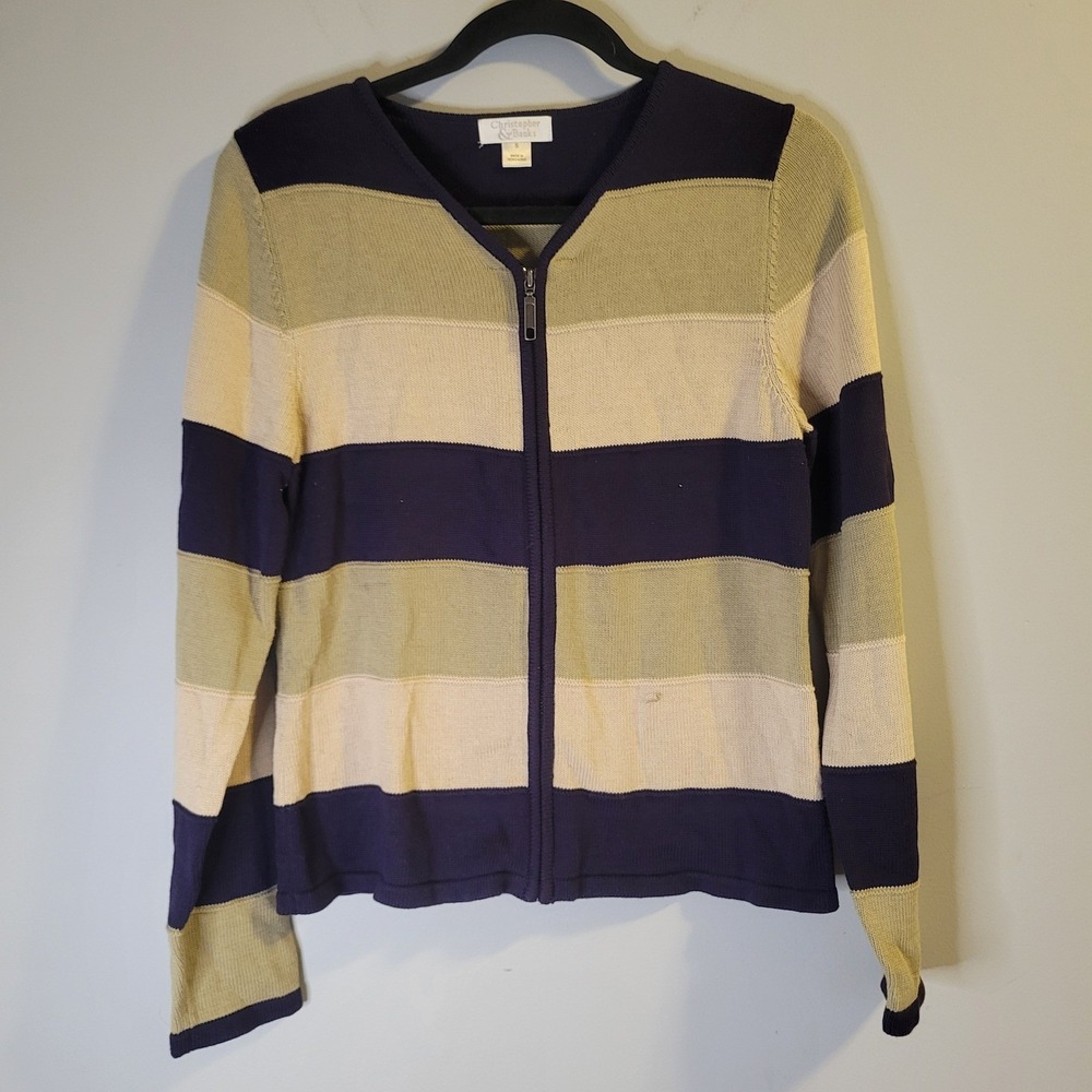 Christopher & Banks Womens Small Navy Green Striped Zip Front Cardigan Sweater